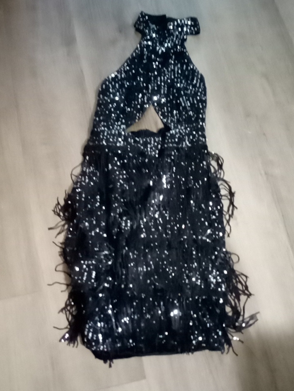 Black Sequin Fringe Halter Evening Dress